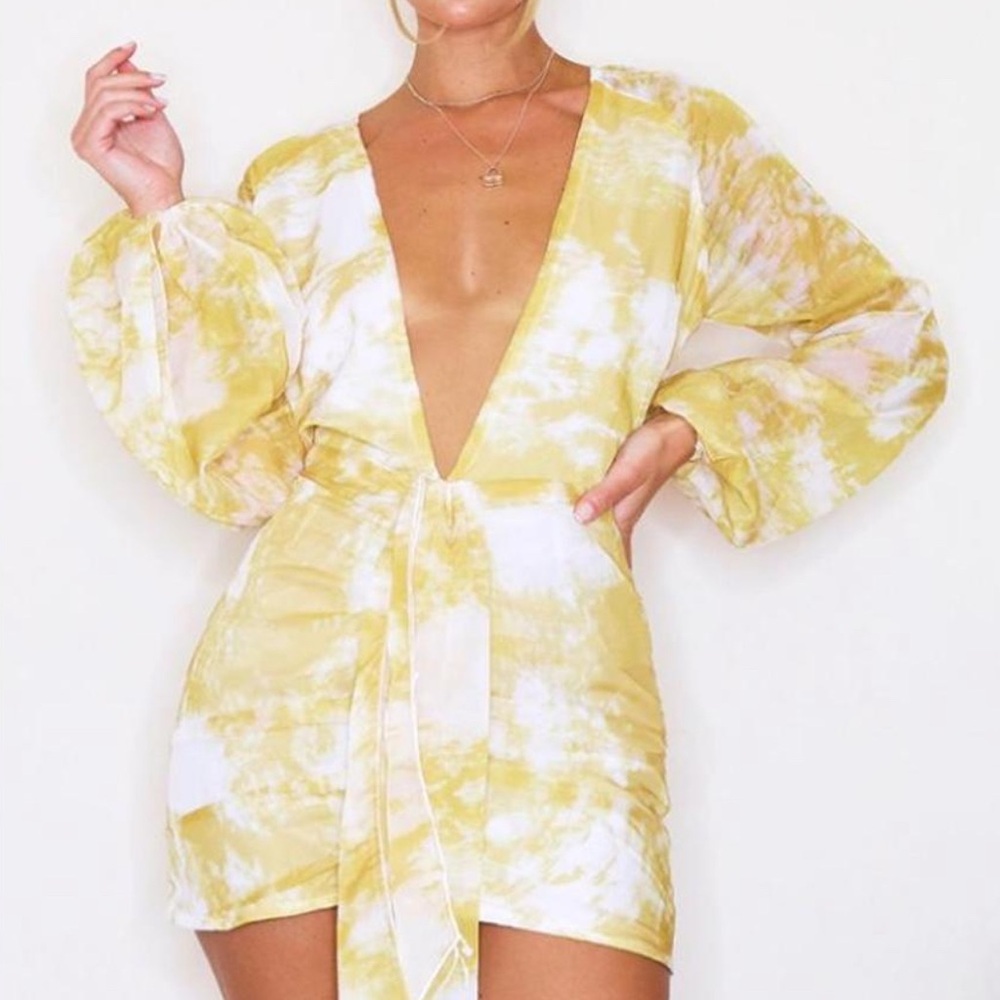 PrettyLittleThing Yellow Tie-Dye Mini Dress